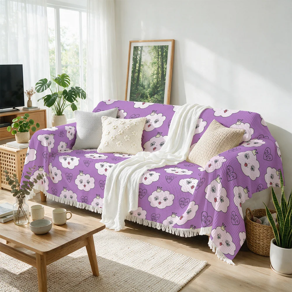 Cute Cartoon Printed Throw Blanket for Sofa Bed Cover Textile Decorative Picnic Accent Purple Lavender Floral Pattern Boho Home
