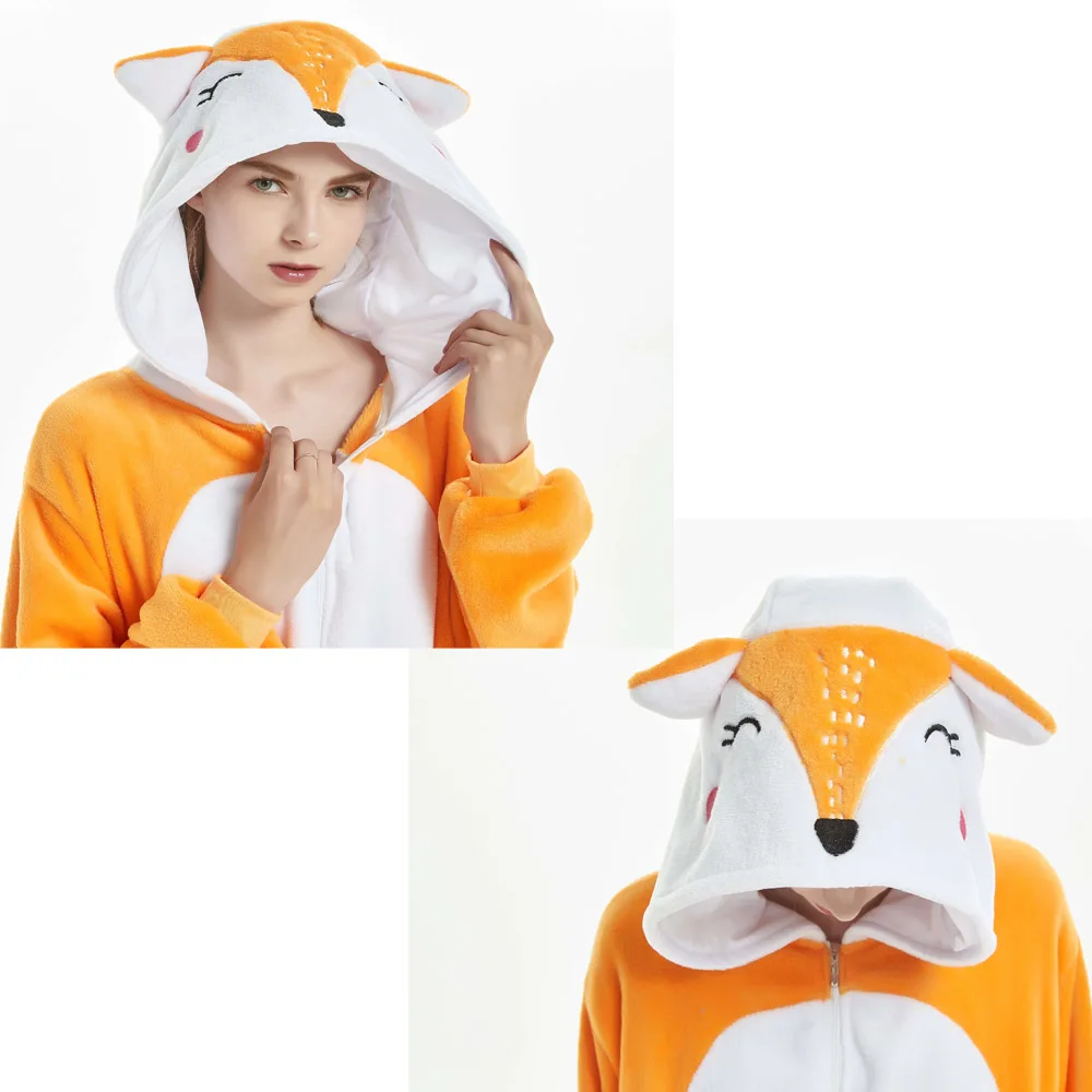 Kigurumi Fox Orange Sleep Onesie Adults 2024 Hooded Jumpsuit Lounge Wear Funny Women Pijama Yellow Home Clothing Halloween Pjs