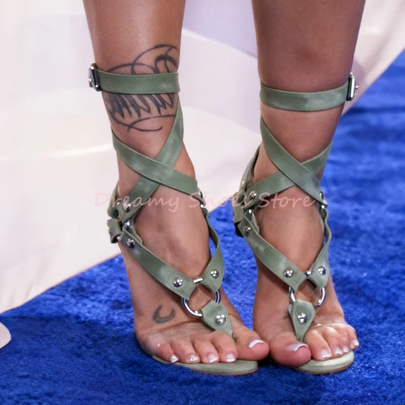 

Green Suede T-Tied Metal Ring Stiletto Sandals Women Open Toe Buckle Strap Pvc Slingback High Heels Sexy Fashion Party Prom Shoe