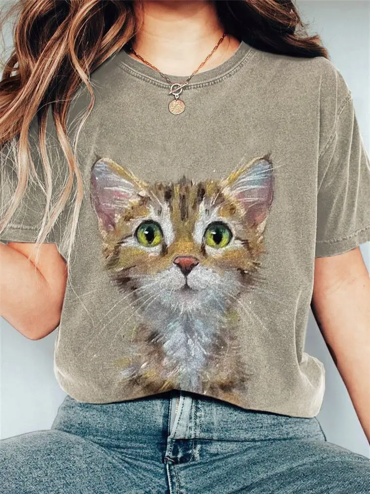 

Cute Cat Art Khaki Print Spring Summer Girls Short Sleeved Breathable Casual T Shirt