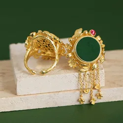 Classical Court style tassels natural Hotan Jasper jade rings for women antique gold craftsmanship high-end art jewelry