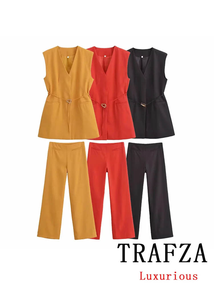 TRAFZA Vintage Chic Solid Women Suit V-Neck Sleeveless Single Button Belt Vest Straight Loose Pants Fashion 2024 Office Lady Set