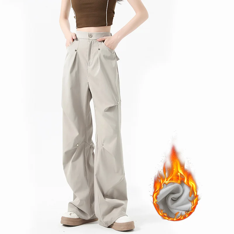 Fleece Riveted Cargo Pants for Women Fall and Winter 2025 New Thickened Casual Sweatpants High-waisted Loose Wide-leg Pants