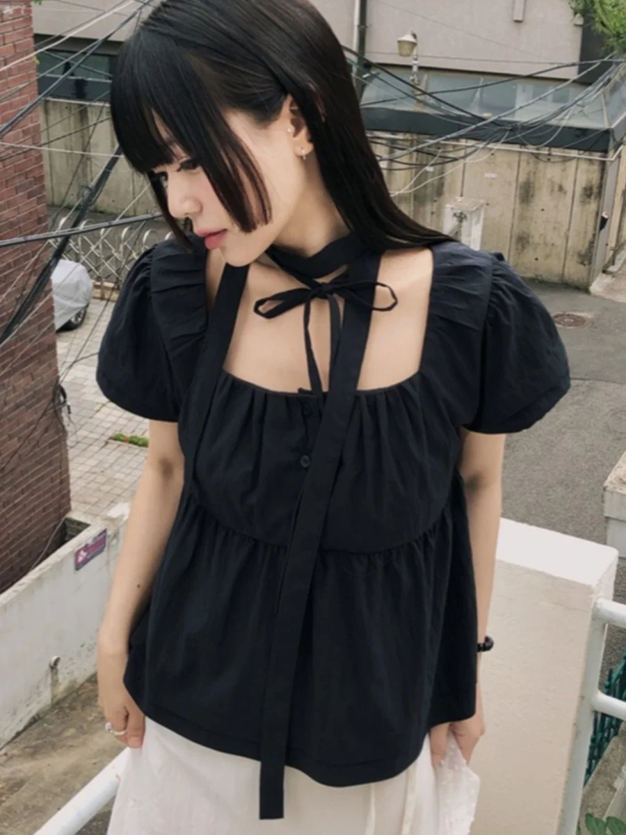 

Ele Винтажный квадратный воротник ort Sve irt Галстук-бабочка на одной пуговице Простой дизайн Agel Chic Корейский Sle Смесь хлопка