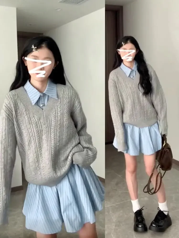 

2024 Autumn New Women Two Piece Sets Preppy Style Long Sleeve Knitted V-neck Sweater + Shirt Style Striped A Line Mini Dress