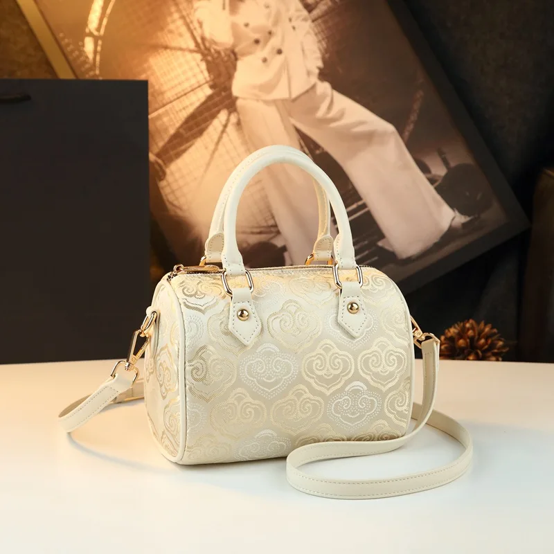 Women Retro Embossed Pattern Boston Bag Faux Leather Top Handle Handbag Detachable Crossbody Shoulder Purse