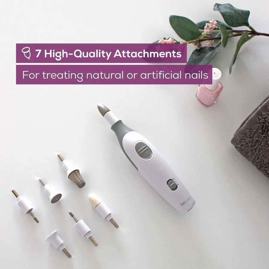 Taladro eléctrico para uñas Beurer MP32 con 7 accesorios, juego de manicura y pedicura con niveles de 2 velocidades y doble rotación para SalonQua