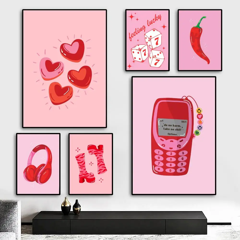 1pc frameless Y2k pink girl 90s Funky Painting Calligraphy HD Canvas Poster living room bedroom bar aesthetic decoration