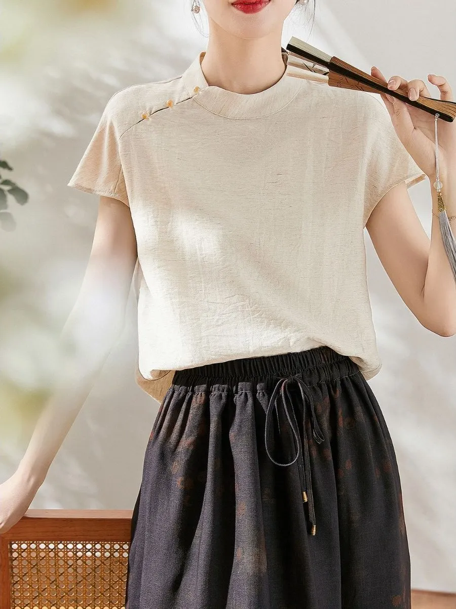 

Летняя тонкая женская футболка в китайском стиле с коротким рукавом, воротником-стойкой, прямого кроя, из полиэстера, маленький размер