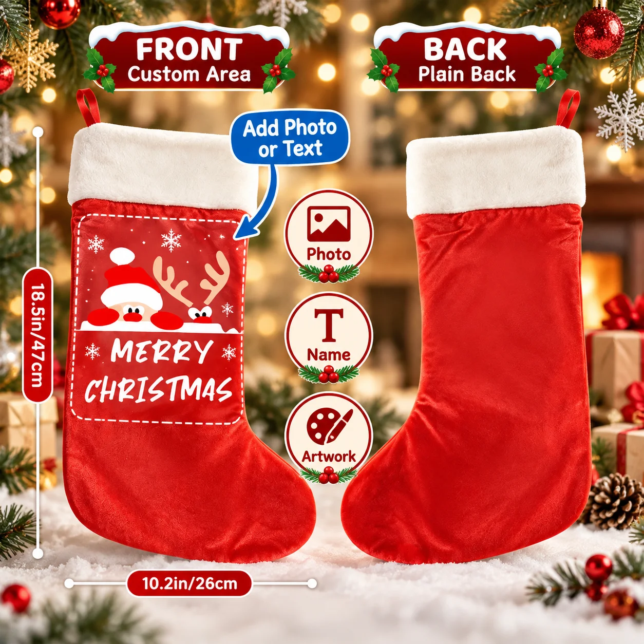 Custom Christmas Stocking Personalized Photo Text Print Holiday Hanging Sock Fixed Color Design Fireplace Tree Decoration Gift!!