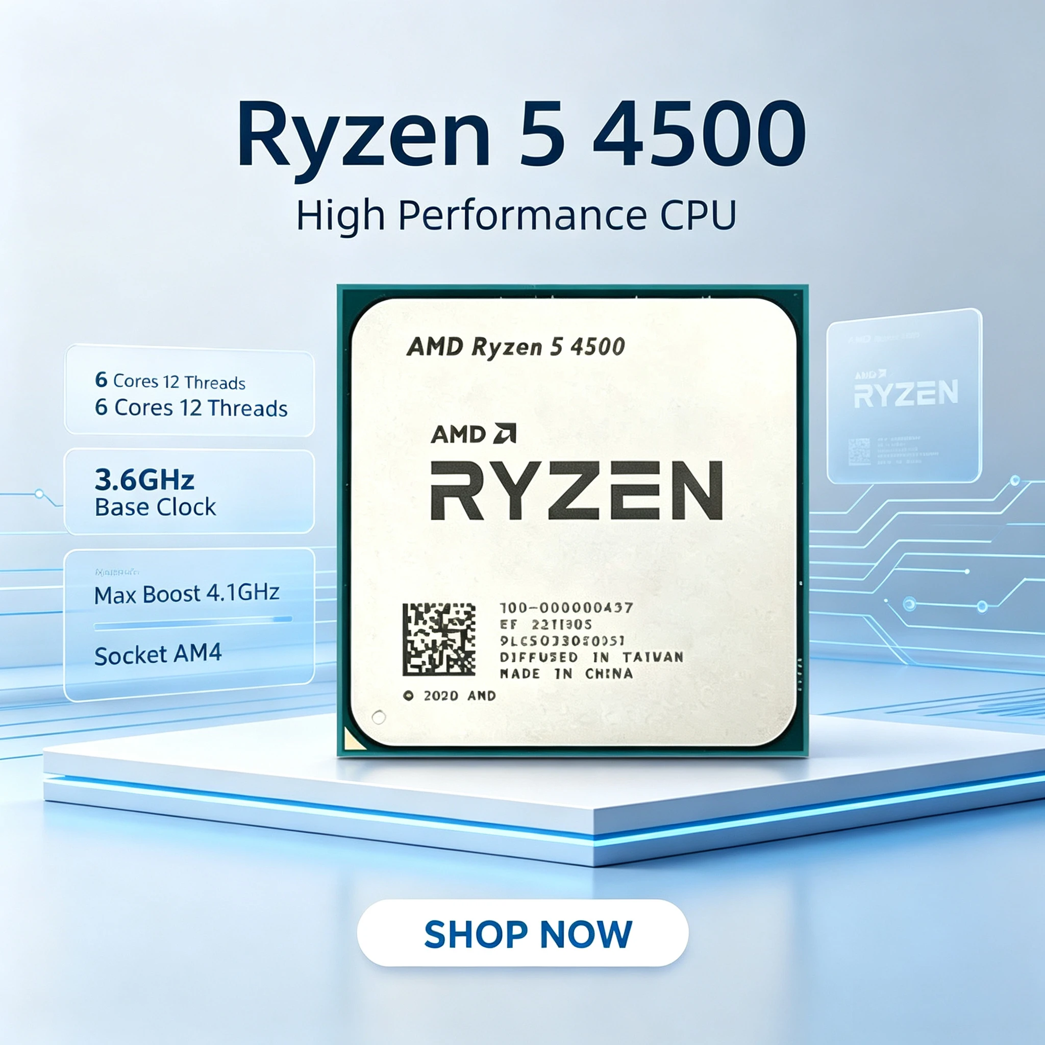 AMD Ryzen 5 4500 OEM Desktop CPU 6 Cores 12 Threads 4.1GHz Max Boost Socket AM4 PCIe 3.0 no fan