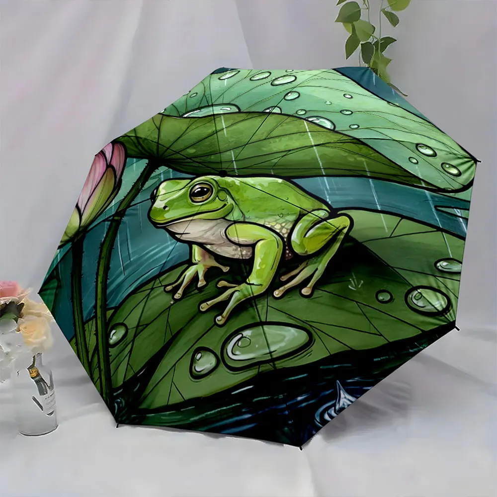 1PC Frog Sheltered by Lotus Leaves in Rainy Design Umbrella Print 8 Iron Ribs Folding Umbrella Auto-Open Fashion Sunshade