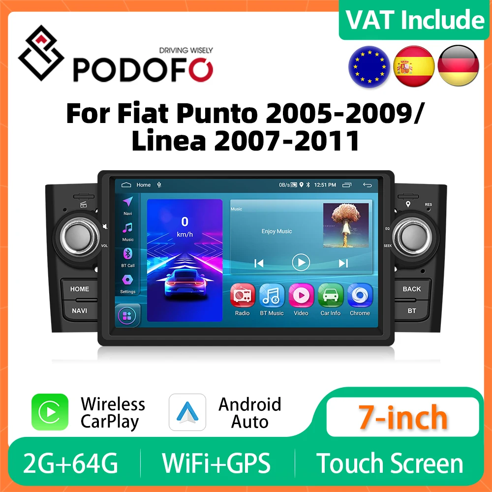 Podofo CarPlay Android Radio For Fiat Punto 2005-2009 Linea 2007-2011 Car Multimedia Player 2din Head Unit GPS Stereo Autoradio