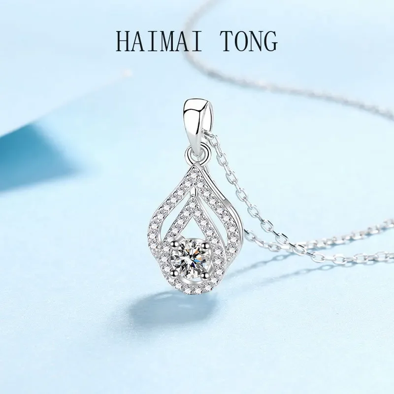 Platinum PT950 GRA Certified Hollow Water Drop Necklace 0.3CT Brilliant Real Moissanite D Color Round Cut Pendant for Women Gift