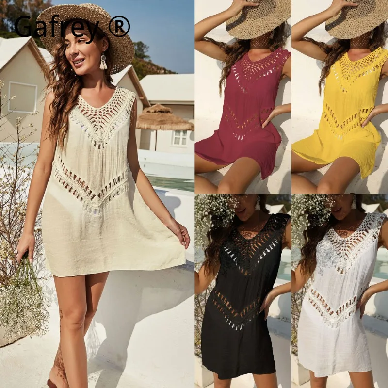 Women's Crochet Splicing V Neck Tank Dress, A Line Beach Bikini Cover Up, Sexy Swimwear Coverup, Boho Summer Vacation Tunic