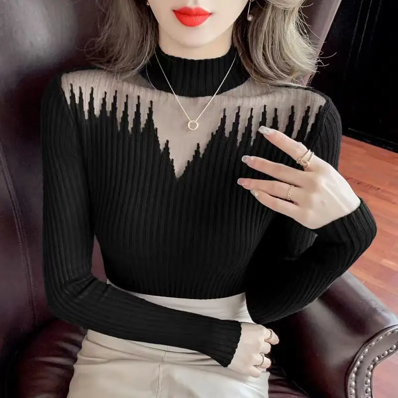 

Mesh Patchwork Semi-turtleneck Knitted Base Shirt for Women Girl Autumn Winter Slim-fit Sweater Hollow Design clothing Tees