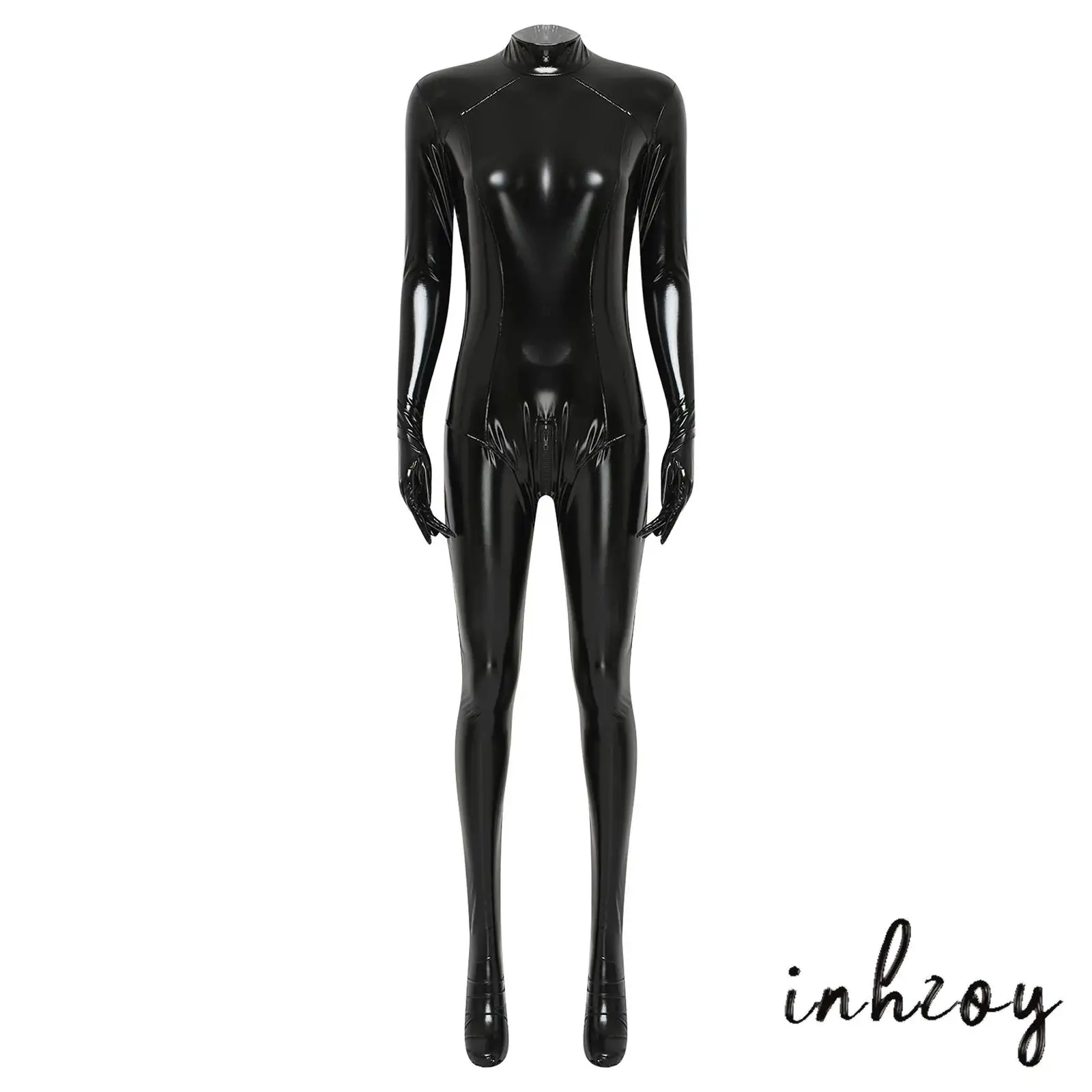 

Womens Glossy Faux Leather Full-body Jumpsuit Gloved Sleeve Footed Leggings Openable Crotch Unitard Catisuit Clubwear Nightwear