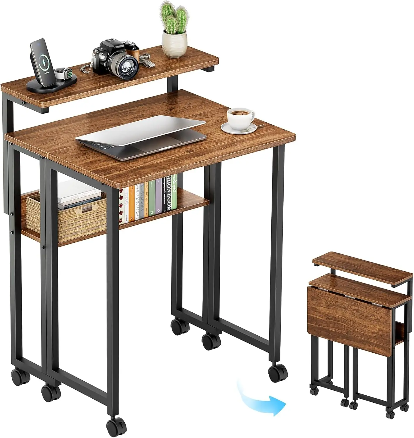 

Folding Desk with Adjustable Monitor Stand and Storage Shelf, 24.8in Small Desk with Wheels, Mobile