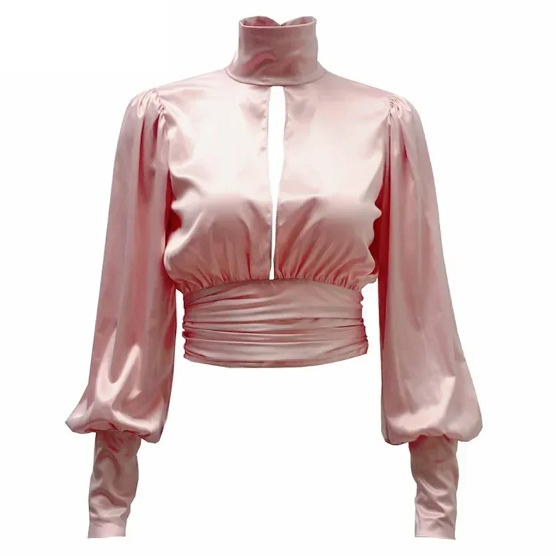 Women Blouse Satin Top Long Sleeve Sexy Hollow Out Backless Shirts Y2k Vintage Spring Summer Solid Women Clothing Turtleneck Top