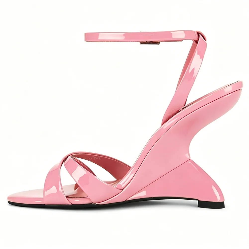 Candy Color Wedge Heel Chic Sandals Women Round Toe Strange Heel Cross Strap Slingback Buckle Strap Elegant Party Dress Shoes