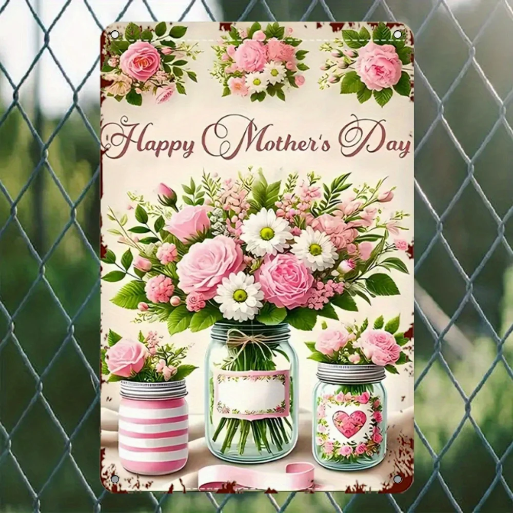 Floral Metal Wall Decor - Happy Mother'S Day Decoration with Pink Roses, Mason Jars - Farmhouse Kitchen, Living Room, Bathroom