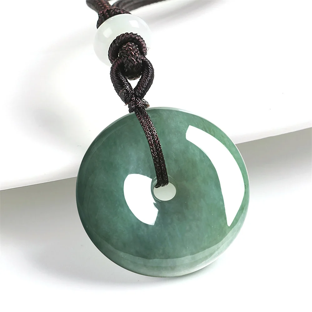 Natural Ice Green Jadeite Carved Chinese Round Harmony Buckle Pendant Amulet Necklace Certificate Trendy Jade Gift Jewelry