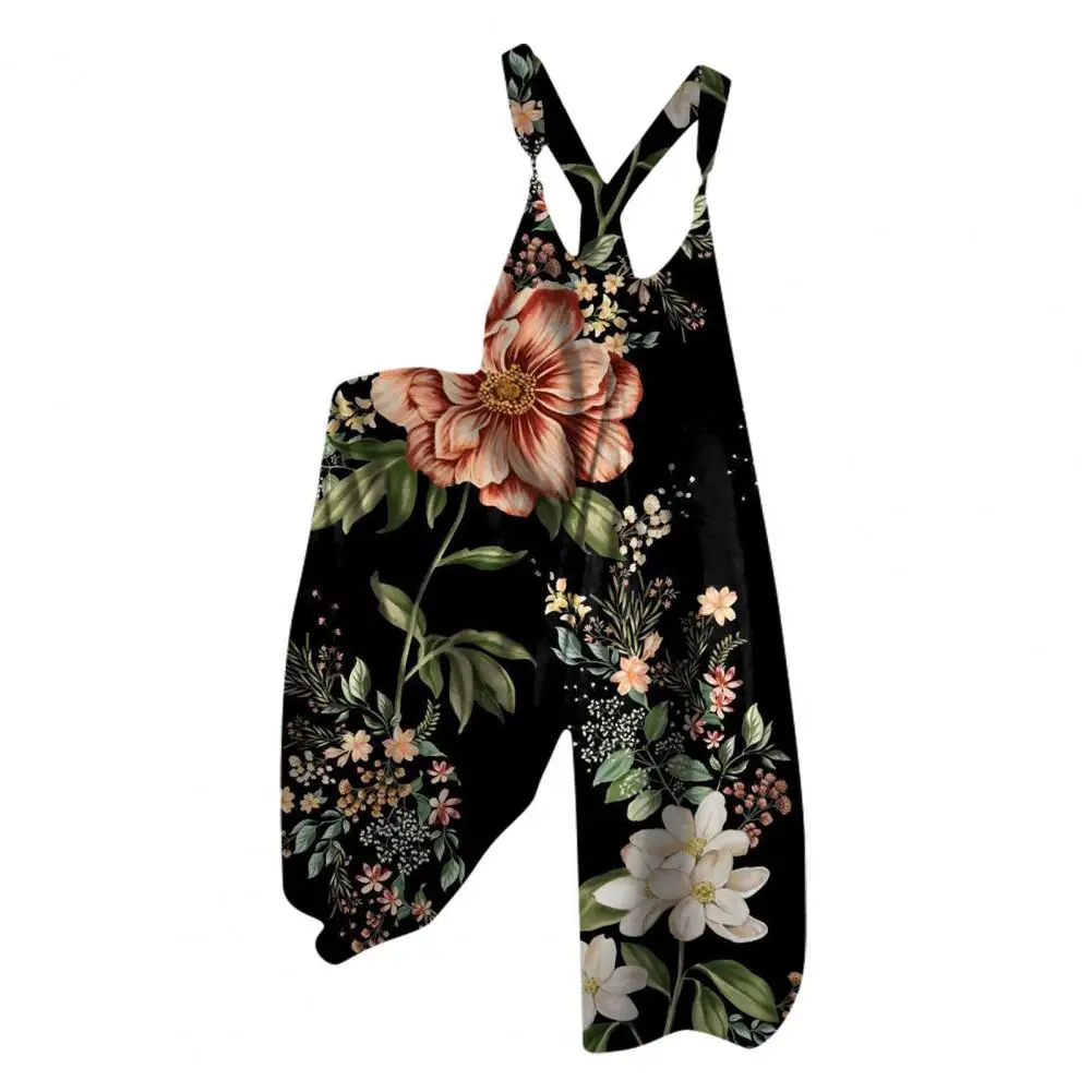 

Summer Long Jumpsuit Ethnic Style Print Women's Sleeveless Jumpsuit with Wide Leg Deep Crotch Cross Back Suspender Design Women