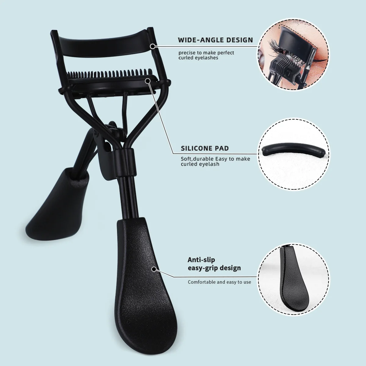 Pestañas con 5 almohadillas de silicona, 1 peine para cejas y pestañas de doble punta, 1 peine de acero para pestañas, 1 pinzas para pestañas y 3 peines en espiral