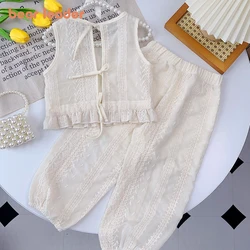 Bear Leader Girls Summer Clothing Sets Casual Hollow Lace T-shirt + Pants 2pcs Suit Strap Cardigan Vest Girls Clothes Outfits