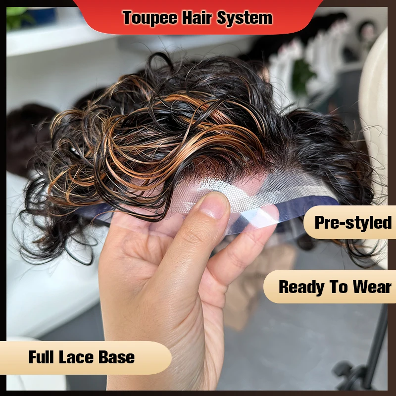 Pre Cut Men's Toupee Full Lace Base Human Hair Replacement Toupee System Unit Highlight Hair For Men Male Wig Hair Prosthesis