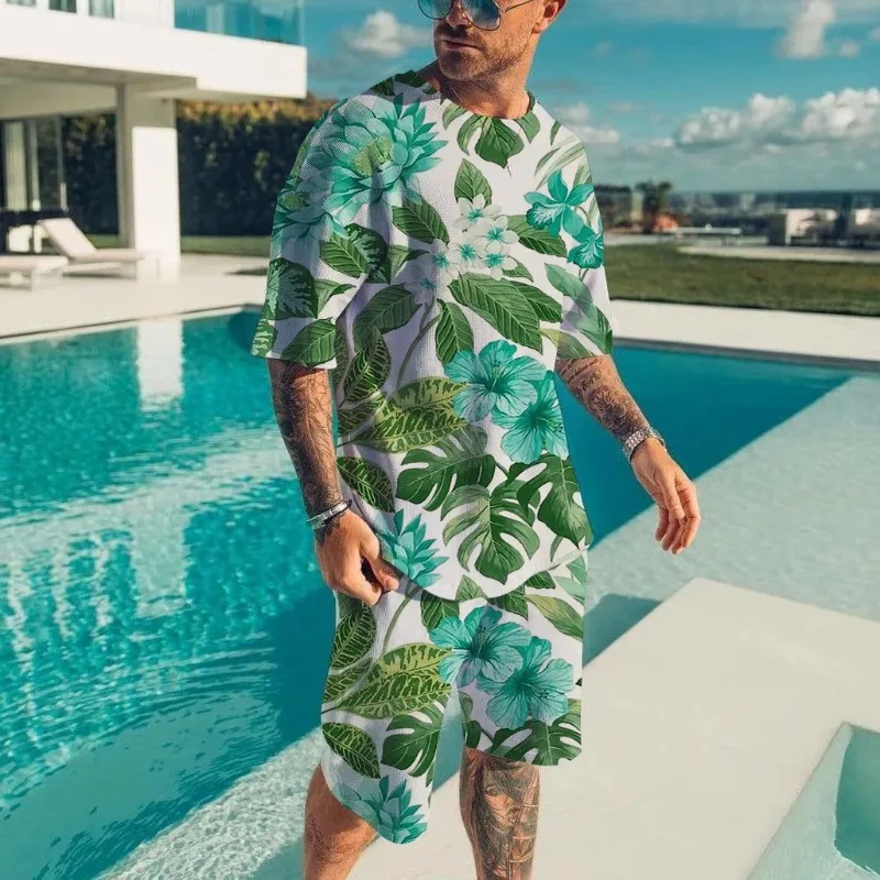 

2025 мужской гавайский комплект, футболка, пляжные брюки, костюм, повседневный стильный мужской топ с короткими рукавами, мужские футболки для отдыха на открытом воздухе, короткий комплект