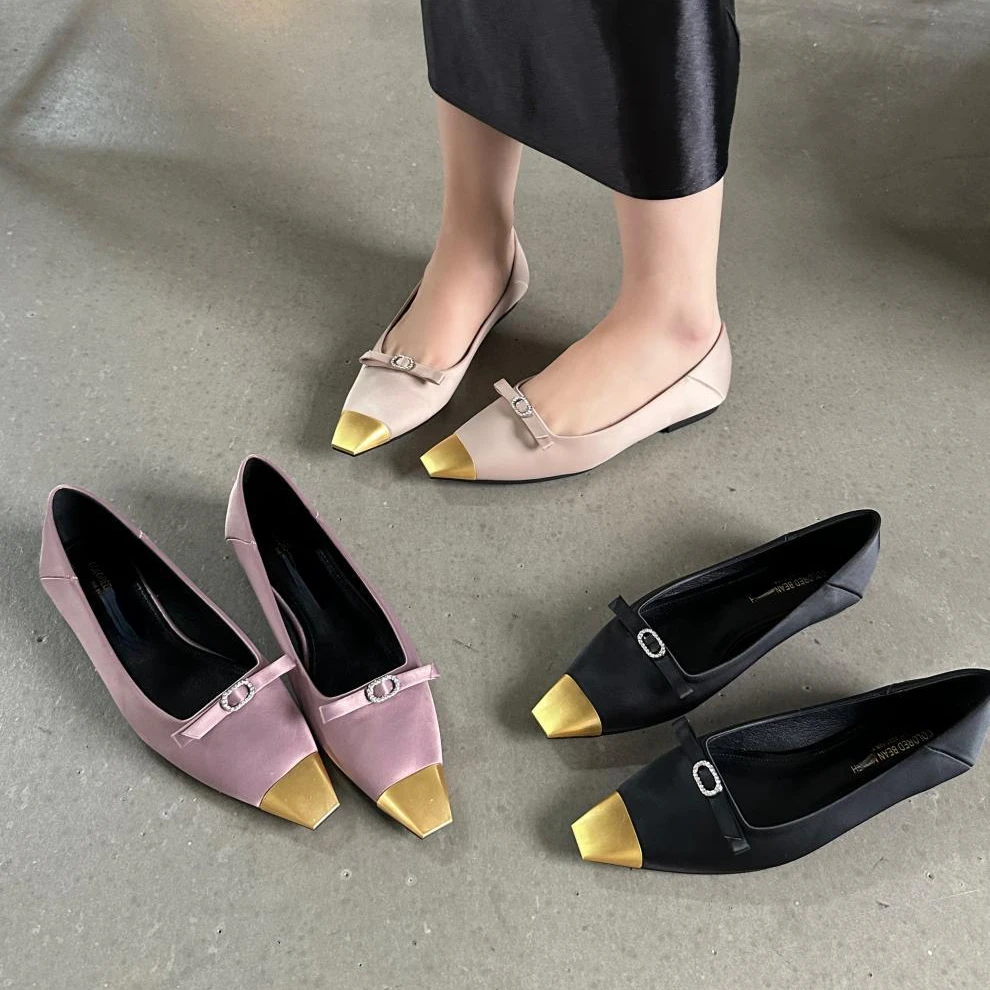 Satin Flat Shoes for Women Fashion Designer Office Shoes Comfy Bow Elegant Classic Pumps Metal Square Head Flat Shoes Female