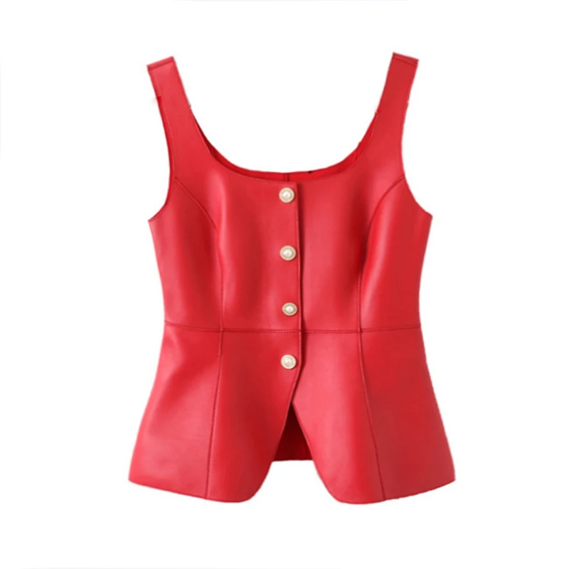 Genuine Leather Vest Women Spring Autumn Fashion Single Breasted Square Collar Waist Closing Slim Lambskin Sleeveless Jackets