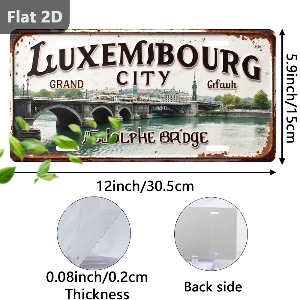 2D Flat - A Vintage Sign for Outdoor Plaques And Wall Decor, Measuring 30.48 cm by 14.99 cm, Featuring Luxembourg City. It'S a T