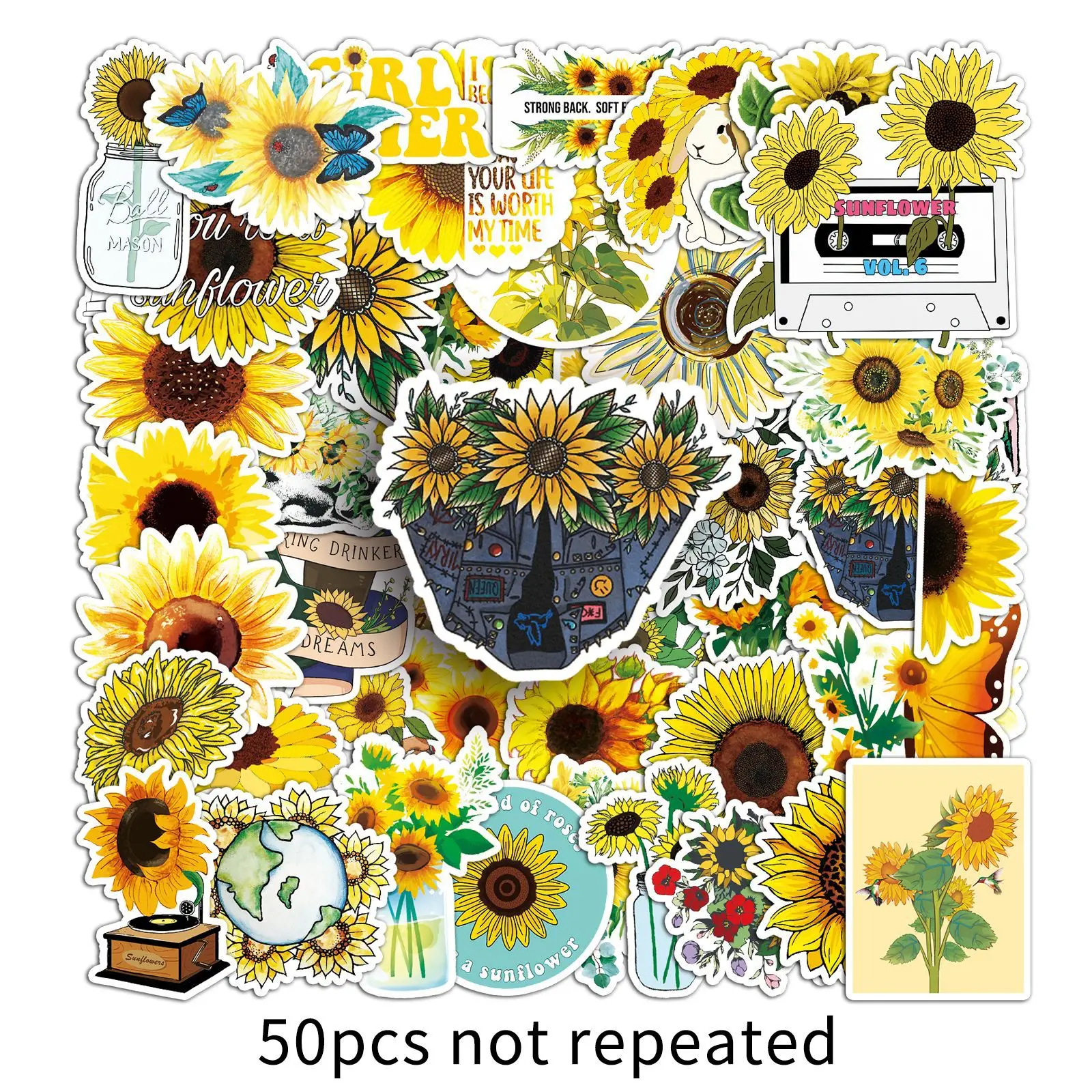 50PCS Sunflower Flower Cartoon Style Graffiti Decorative Water Cup Skateboard Laptop iPad Waterproof Stickers Kids Toy