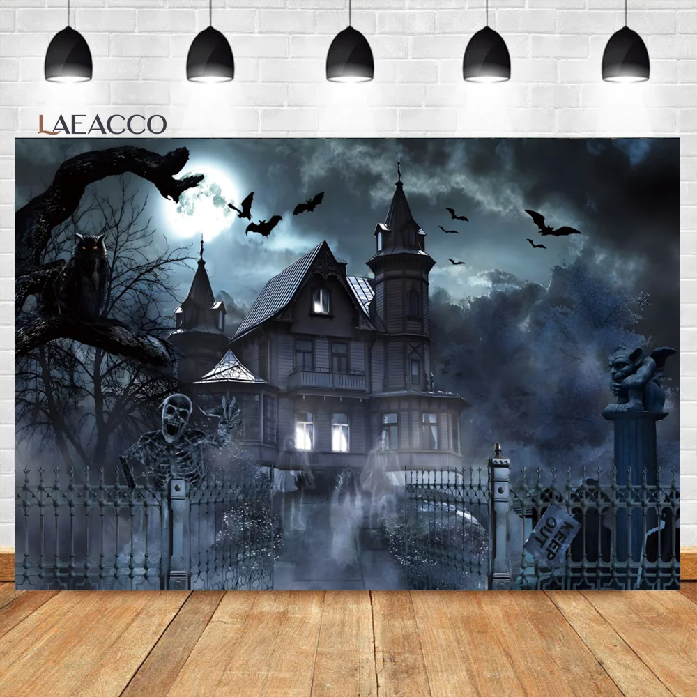 Laeacco Halloween Horror Castle Backdrop Gloomy Forest Scary Cemetery Pumpkin Lantern Bat Party Decor Photography Background