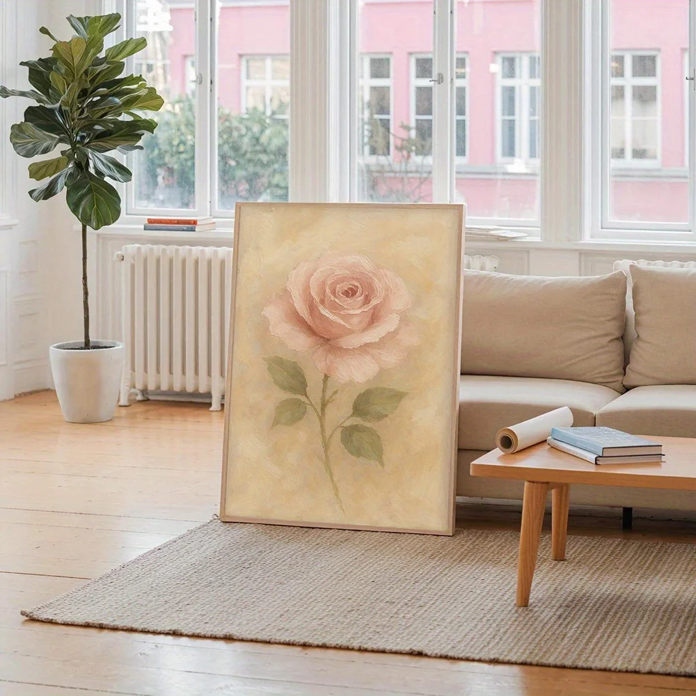 2D Flat, 1pc Unframed Vintage Blush Rose Canvas Print Wall Art - Vertical Floral Painting with Soft Pastel Tones, High-Qualit
