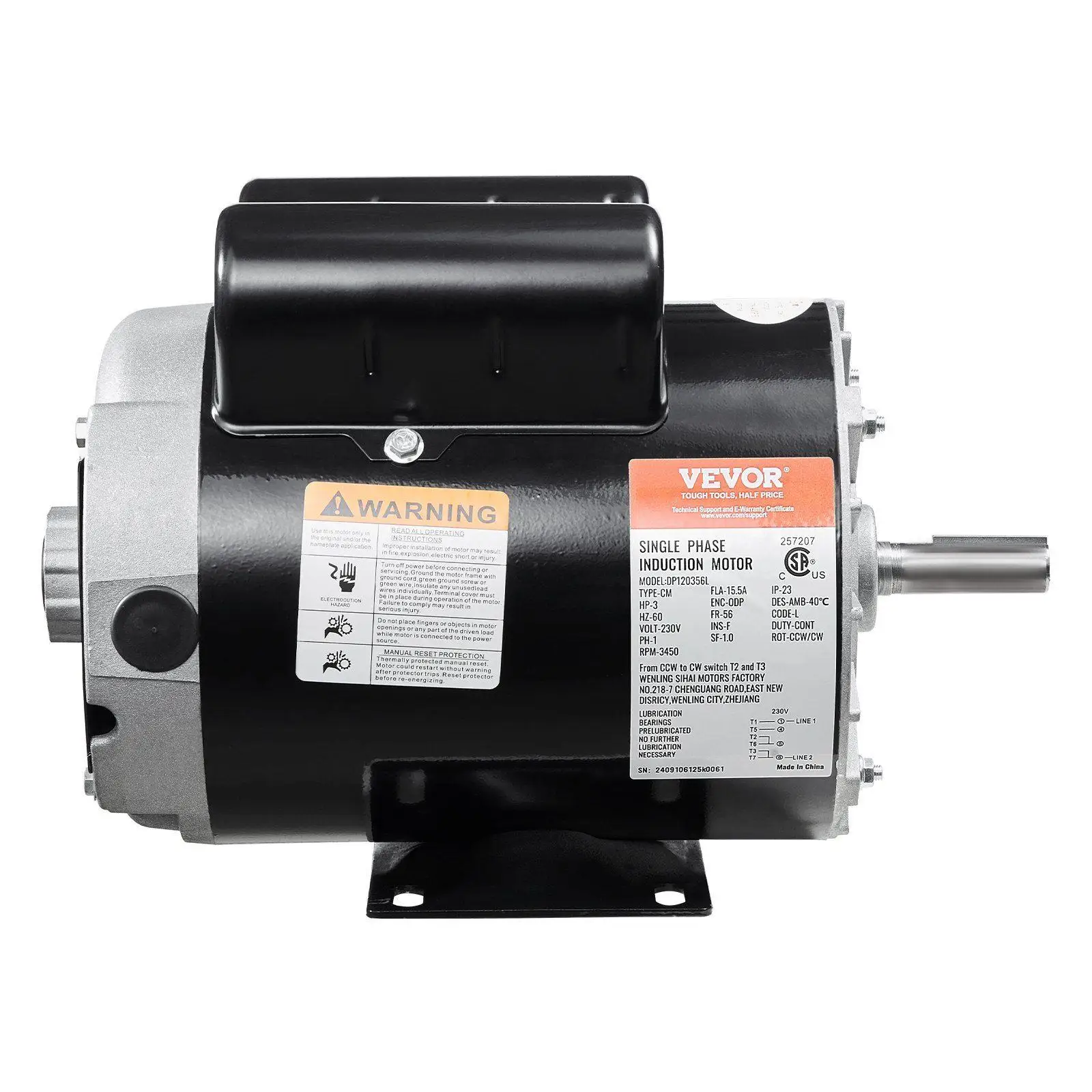 3HP 230V 3450RPM 56Frame Industrial Electric Motor 15.5A Reversible Rotation Open Drip-Proof Steel Frame Design