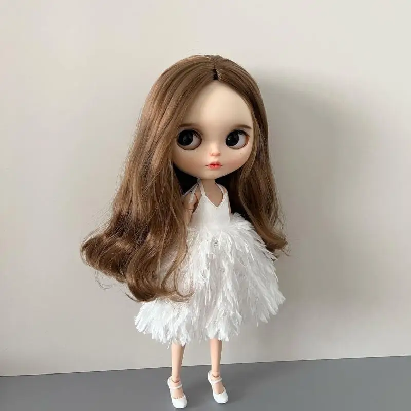 【M】1Pcs White Feather Doll Dress Halter Lace Mini Outfit Elegant Handmade Clothes For 1/6 Doll Wedding Party Decoration
