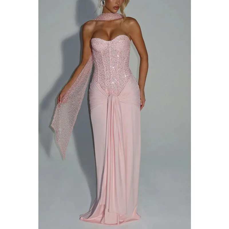 ชุดเดรสยาวทรงเมอร์เมดประดับเลื่อมสำหรับงานปาร์ตี้ งานแต่งงาน หรืองานรับปริญญา ดีไซน์หรูหราเปิดไหล่ ผ้าลูกไม้เข้ารูปทรงสวย