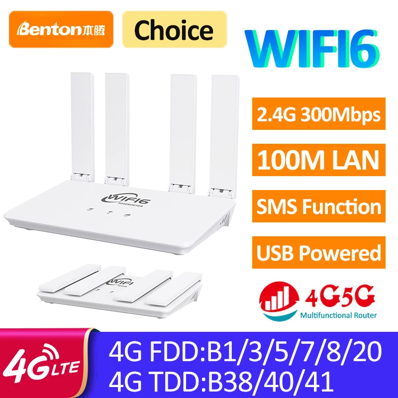 

Benton USB Portable Travel Router 4G LTE Router WiFi6 2.4GHz 300Mbps LAN 100Mbps 4G Router for SIM Card Portable Wireless WiFi