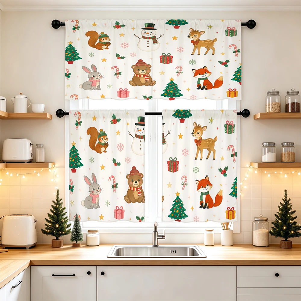 Christmas Kitchen Curtains, Winter Forest Animal Snowman, Digital Print, Kitchen Dining Room, Rod Pocket Polyester, Home Decor