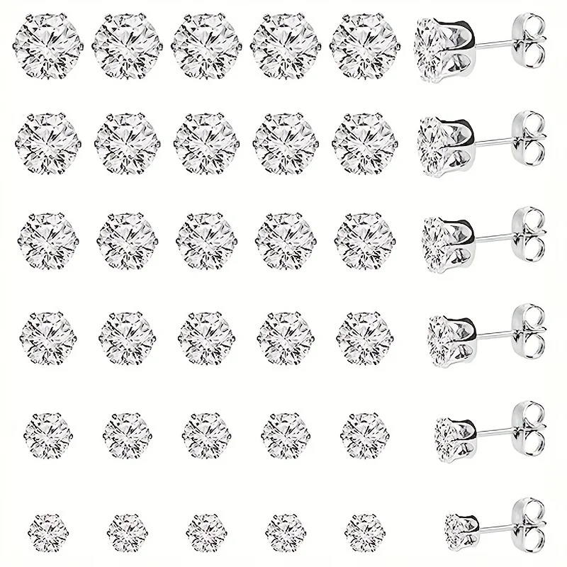 

36PCS/set 6 Sizes Stainless Steel Round Clear Black Cubic Zirconia Stud Earring Set For Women And Men 3-8mm (36 Pack 18 Pairs)