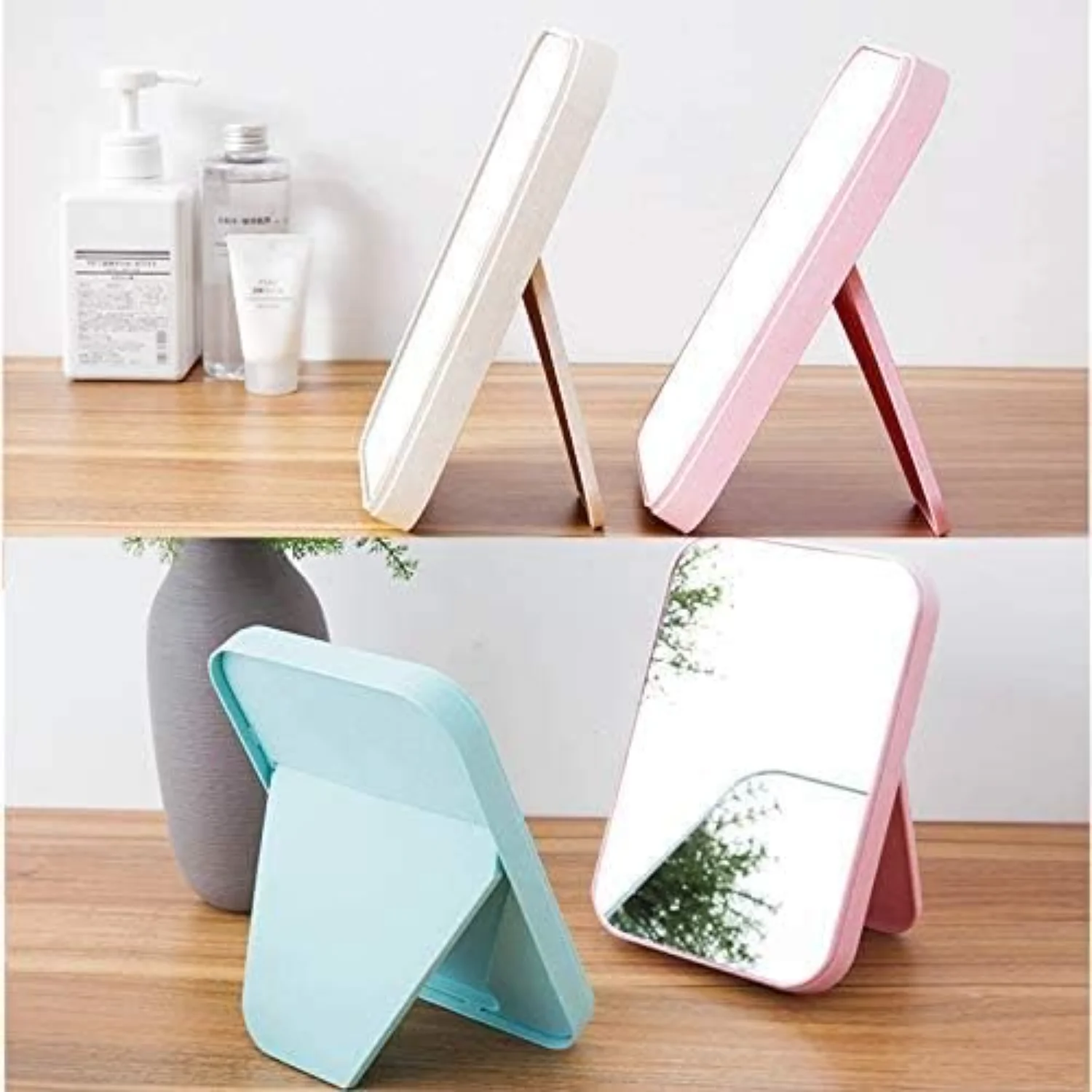Desktop Foldable Makeup Mirror Simple Portable Princess Mirror Square Makeup Mirror for Women (White)