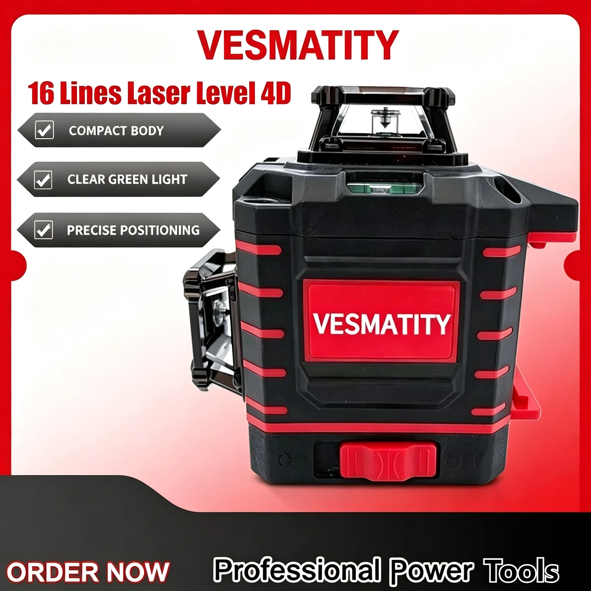 4 Sides*360 Degree Vertical Laser Level Green Beam Self-leveling Vertical 16 Lines Cross Line Lase Tool with Battery