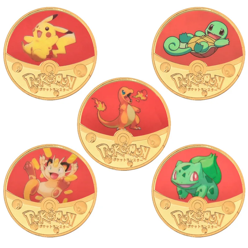 Gold Pocket Monster Collection Coin Set Cartoon Anime Pikachu Pocket Monster Letter Metal Circular Commemorative Coin Toy Gifts