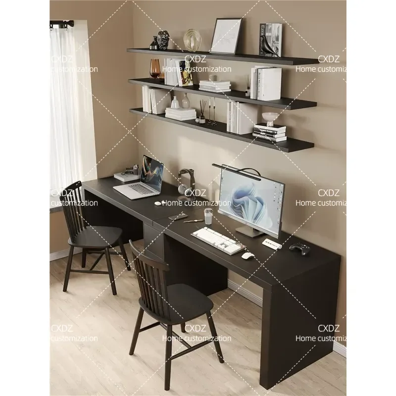 Solid Wood Computer Desk Black Double Workstation with Bookshelf Combo Long Board Gaming Table for Home Office Study