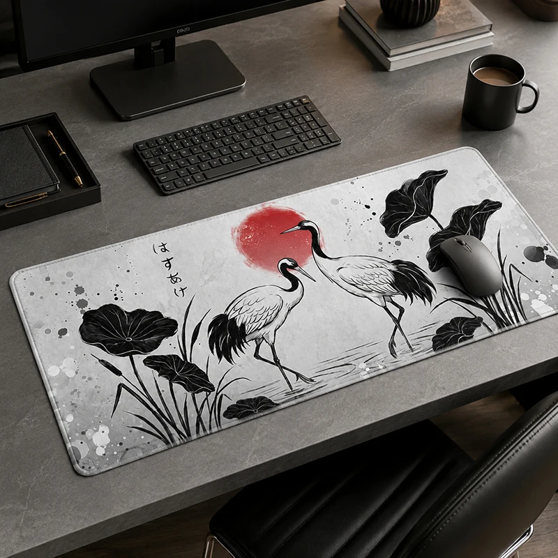 Mouse Pad Gaming Red Sun Lotus And Cranes XL Computer Mousepad XXL keyboard pad Non-Slip Office Natural Rubber Soft PC Mice Pad