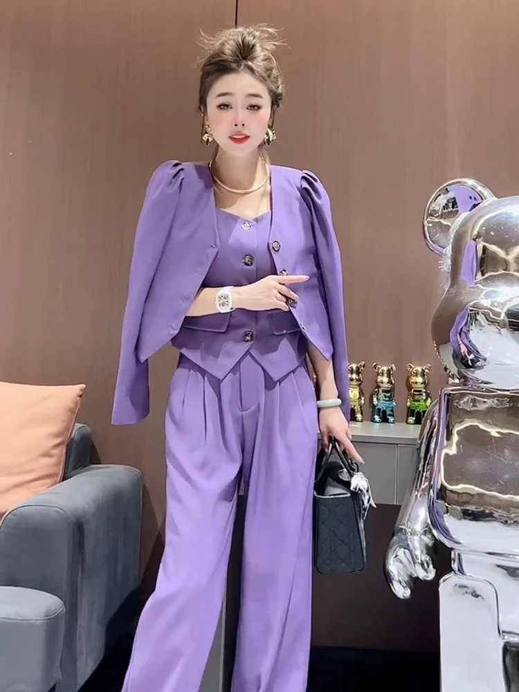 2024 Spring French Small Fragrant 3 Piece Sets Women Autumn Fashion Coat Sleeveless Jacket High Waist Wide Leg Pants Suits