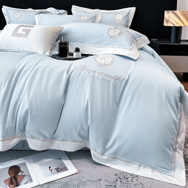 Egyptian Cotton Embroidery Bedding Set Luxury 4pcs Sky Blue Duvet Cover Sets Fitted Bed Sheet Pillowcases Home Textile